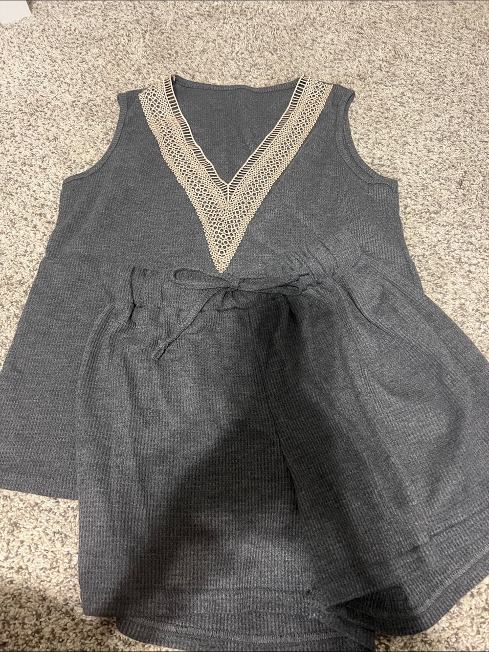 SHEIN Charcoal Gray Knit Tank Top with Cream Crochet V-Neck